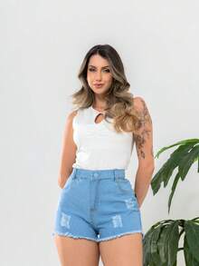 Women Denim Shorts - 淺色水洗藍 - 查看 2