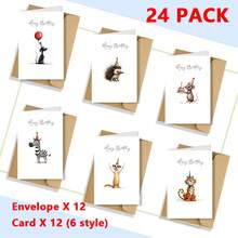 12张/套趣味动物生日贺卡，含信封（12张贺卡+12个信封），适用于朋友、老师、商务场合、表达感谢、节日和新年庆祝活动，6种款式，尺寸3.9x4.9英寸，节日用品，季节性问候，趣味设计，优质卡纸 - A - 查看 1