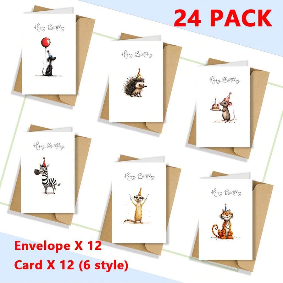 12张/套趣味动物生日贺卡，含信封（12张贺卡+12个信封），适用于朋友、老师、商务场合、表达感谢、节日和新年庆祝活动，6种款式，尺寸3.9x4.9英寸，节日用品，季节性问候，趣味设计，优质卡纸 - A - 查看 1
