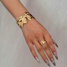 2件套时尚创意几何金属光滑蝴蝶结可调节手镯 + 1枚优雅戒指首饰套装，适合女性日常佩戴，情人节礼物 - 金黃色 - 查看 6