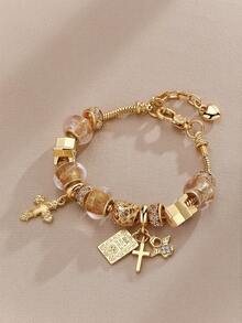 1pc Y2K Charm Bracelet, 1pc Cross Charm Bracelet, Retro Streetwear Fashion Bracelet, 1pc Cross & Heart Charm Bracelet, Glow-In-The-Dark Bracelet - Gold - View 4