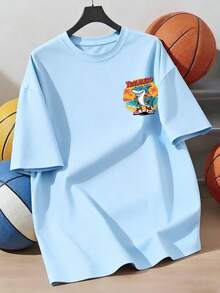 T-shirt à manches courtes col rond imprimé requin de dessin animé pour garçons adolescents, nouveau t-shirt graphique printemps/été pour enfants - Bleu ciel - Voir 4