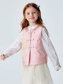 mini bala 女童加厚背心，甜美中国风刺绣，柔软保暖外套，2026春季系列 - 白紅色 - 查看 2