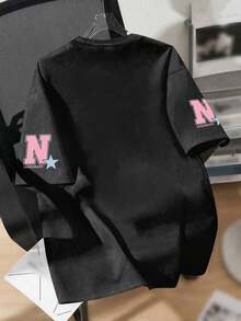 1pc Girls Style American Digital Teen T-Shirt, Pink "28+N" Print Style, Soft And Comfortable Fabric, Suitable For Spring And Summer Daily Wear - Dark Grey - View 2