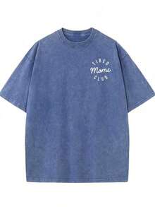 2026 Summer TopsWomen's Vintage Washed Distressed Printed T-Shirt-Men's 230g Washed Vintage Cotton T-Shirt - Tired Moms Club Graphic Print, Casual Short Sleeve Round Neck Tee, Funny Mother's Day Gift For Women, Machine Washable Summer Top, Casual Attire |   Playful Print |   Durable Fabric-Casual Round Neck Short Sleeve Cotton Street Wear Women'sTopsLoose And Comfortableshirt - Màu xanh lam - Xem 1