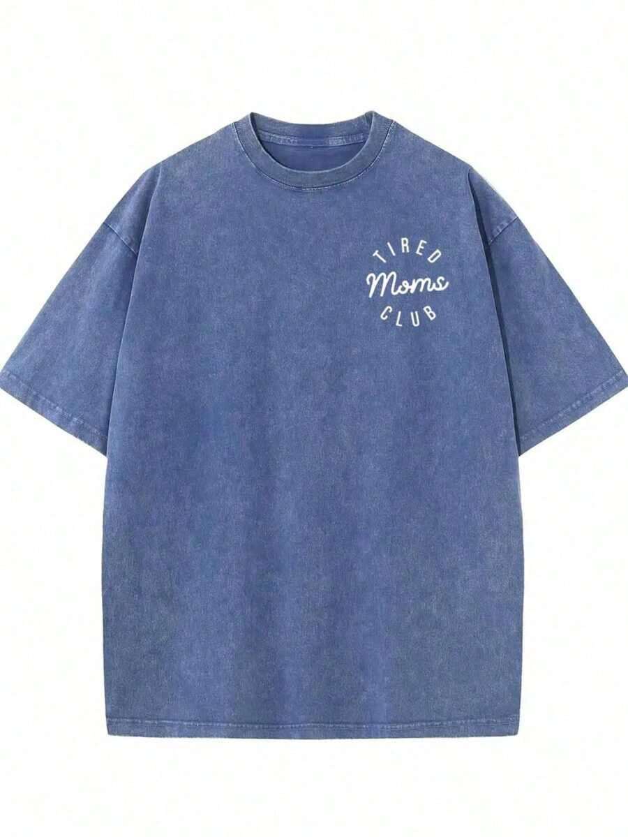 2026 Summer TopsWomen's Vintage Washed Distressed Printed T-Shirt-Men's 230g Washed Vintage Cotton T-Shirt - Tired Moms Club Graphic Print, Casual Short Sleeve Round Neck Tee, Funny Mother's Day Gift For Women, Machine Washable Summer Top, Casual Attire | Playful Print | Durable Fabric-Casual Round Neck Short Sleeve Cotton Street Wear Women'sTopsLoose And Comfortableshirt - Màu xanh lam - Xem 1