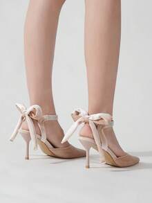 Charming Women's Sexy Bow & Rhinestone Decor Pointed Toe Stilettos Fashionable & Elegant Velvet Design Burgundy High Heels, Suitable For Daily Wear, Weddings, Galas, Vacations Exquisite & Glamorous Fashion Shoes, Ideal For Halloween, Christmas, Autumn, Disco, Evening Parties - Apricot - View 6