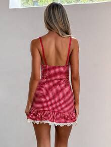 Women's Plaid Gingham Lace Cami Dress Sleeveless Going Out Mini Dresses Sundress - 紅色 - 查看 4