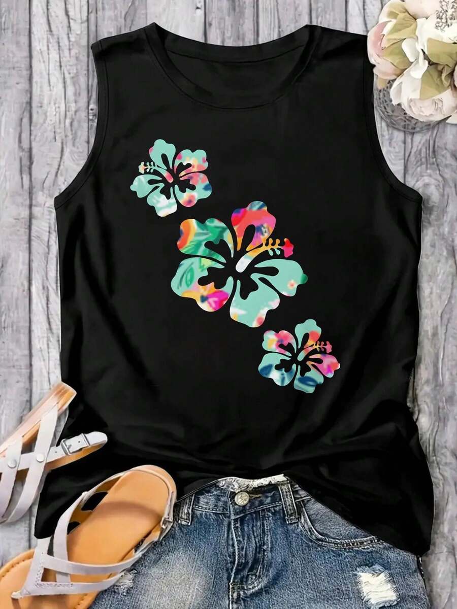 Plus Size Loose Tank Top Hawaii Hibiscus Flower Hawaiian Surfer Style Vintage Floral Plus Size Casual Sleeveless Shirt Oversized American Style Tank Graphic Print Plus Size Tank Discounted Plus Size Tank Tops - 彩色 - 查看 1