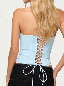 Women Tube Tops Sleeveless Strapless Rhinestone Decor Slim Fit Summer Crop Vest - Sky Blue - View 2
