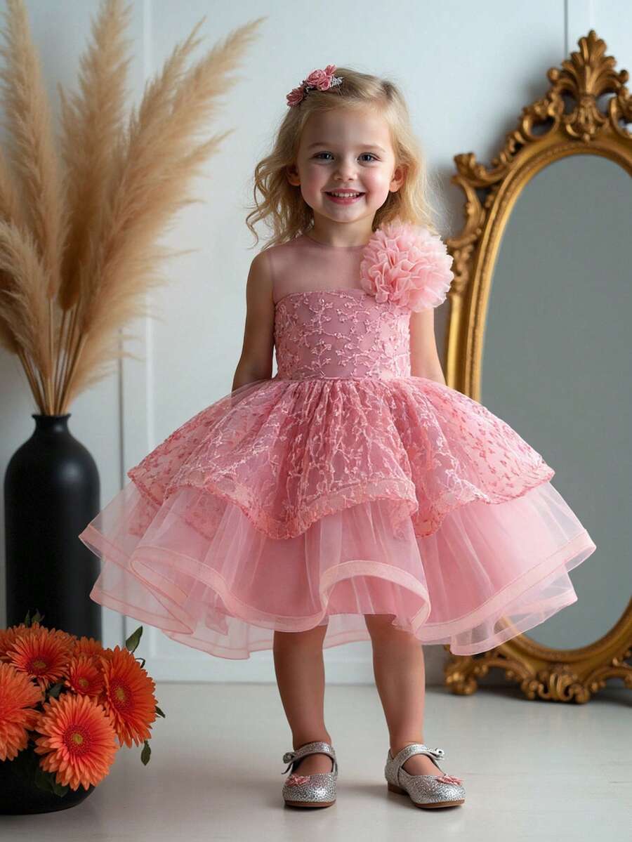 Baby Girls Embroidered Ruffle Tulle Cute Party Trailing Dress, Suitable For Flower Girl, Wedding, Birthday, Does Not Include Headband - Dusty Pink - View 1