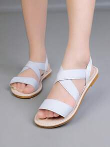 1 đôi dép xăng đan đế bằng cho bé gái, mẫu mới mùa xuân/hè 2026, quai thun, đế mềm, kiểu dáng thường ngày, nhanh khô, dép thể thao, giày đi biển hở mũi tối giản thời trang. - trắng - Xem 8