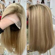 渐变棕金色假发，柔软高清蕾丝前假发，带婴儿发，合成高清假发，无胶假发，女士假发，预拔发际线 - 彩色 - 查看 8