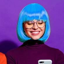 PLULON Sky Blue Bob Wig And Sunglass Set, Neon Short Bob Wig Sunglass Pack Costume Colorful Cosplay Wig Hairpieces For Bachelorette Neon Party Favors, Halloween Decorations - 彩色 - 查看 7