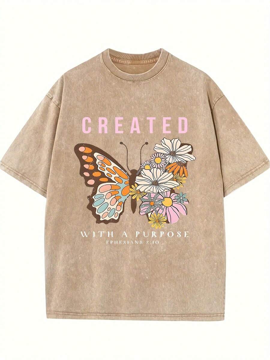 Summer Tops2026Women's Retro Washed Cotton T-Shirt - 230g Thick Cotton Loose Fit Crew Neck Short Sleeve, Vintage Street Style With Floral Butterfly & Inspirational Letter Print, Machine Washable Spring/Summer Casual Top, Cotton T Shirts, Everyday Comfort Tee, Relaxed Fit Tee, Soft Texture Shirtsummer Clothes Washed Cotton - 咖啡色 - 查看 1