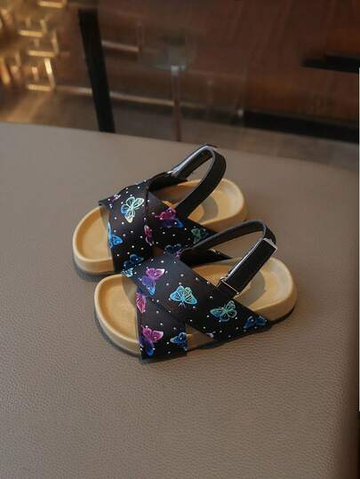 A Pair Of The Latest Summer Children's Black Butterfly Glittery Hook And Loop Sandals - Easy To Wear, Suitable For Various Children's Outfits, Suitable For School Life, Daily Outings, Shopping, And Park Visits,Girls Sandals,Girls Shoes,Kids Sandals,Sandals,Beach Shoes,Kids Shoes
