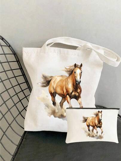 Charming Watercolor Horse Theme Printed Handbag And Matching Coin Wallet,Cute Horse Design Pattern-4 Styles To Choose From,Tote Bag,Cosmetic Bag,Large‑Capacity Multi‑Pocket Beach,Grocery & Travel Bag,Versatile Daily Carryall & Beauty Organizer For Women,For Back To School,Shoppers, Party‑Goers & Gift Giving, For Travel, Skincare, Lipstick , Everyday,Beach Vacation,Gifts For Horse Lovers