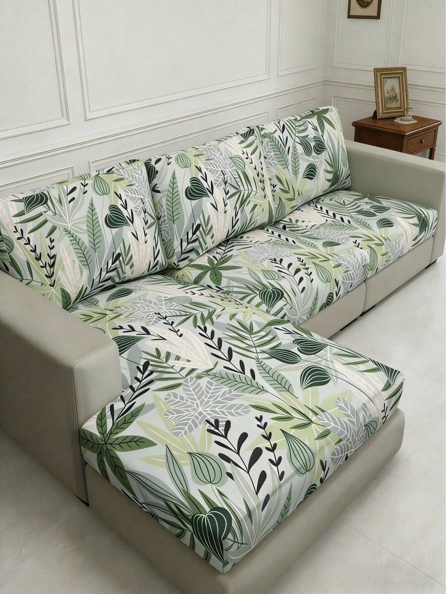 1pc Tropical Rainforest Leaf Print Milk Silk Sofa Cushion Cover, High Elasticity Dust-Proof Washable Sofa Slipcover For All Seasons - Multicolor - View 1