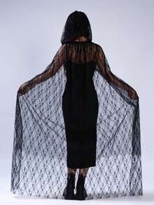 1pc Halloween Dark Style Lace Double-Layer Cloak Costume, Fashionable Black