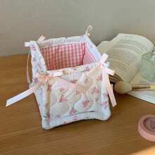 Cute Pink & Blue 3D Lace Satin Storage Basket, Desktop Organizer Basket For Small Items, Lipstick, Makeup Brushes, Skincare Products, Desktop Decor - Multicolor - View 22