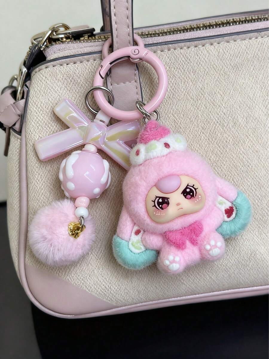 1pc Adult Cartoon Flocked Sweet Dessert Toddler Decor Accessory Cartoon Cute Pom Pom Keychain Bag Charm Pendant, Live Streaming Ornament - Multicolor - View 1