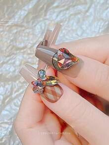 50个/包 混合尺寸焦糖色美拉德尖底3D美甲装饰，秋冬美甲配件，手工DIY美甲饰品，超闪亮美甲宝石 - 彩色 - 查看 4