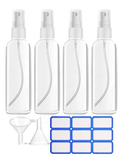 Conjunto de 15 frascos spray de viagem (100ml/30ml) com etiquetas e funil - névoa fina, recarregáveis, reutilizáveis, à prova de vazamentos, adequados para cosméticos, óleos essenciais, xampu, sabonete líquido para as mãos e protetor solar, hipoalergênicos, com bomba dosadora e bico brancos, ideais para viagens e uso doméstico.