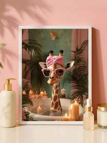 1幅异想天开的长颈鹿浴室艺术画，独特的浴缸墙面装饰，充满想象力的动物海报，可爱的丛林主题礼物，送给朋友的理想礼物，卧室艺术，客厅装饰，办公室装饰，浴室装饰，墙面艺术，墙面装饰，家居装饰，房间装饰，帆布墙画，海报，带框墙画，多种画框可选 - 彩色 - 查看 5