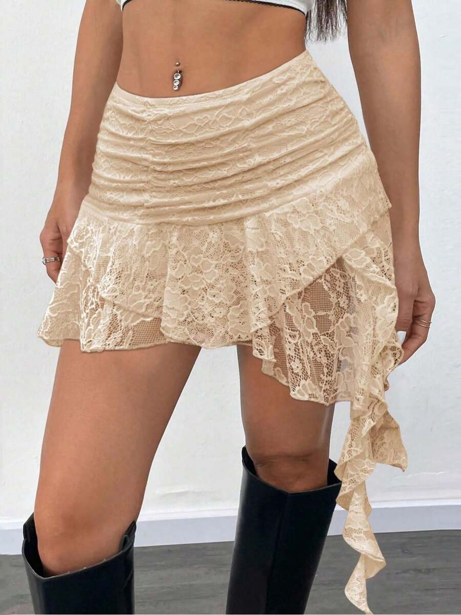 Women Summer Lace Mini Skirt With Shorts- Low Rise Y2K Pleated Ruffle Fairy Skirt Chic Layered Asymmetrical Half Slip Skirts For Sports, Party, Vacation, Valentine's Day Outfit - 米色 - 查看 1