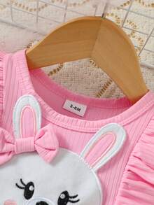 1pc Baby Girl Easter Cute Pink Knitted Round Neck Hooded Rabbit Ear Embroidery Patchwork Woven All-Over Print Dress, Summer - Multicolor - View 3