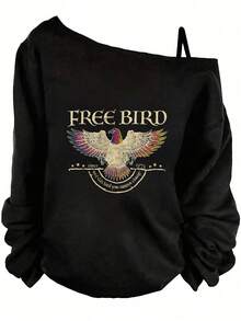 Spring Outfits For Women, Free Bird Graphic Print, Off The Shoulder Sweatshirt With Long Sleeve, Casual Y2K Style, Concert, Weekend-Vacation Outfits Women, Theme Graphic Tees, Festival Wear, Fun Party - 黑色 - 查看 1