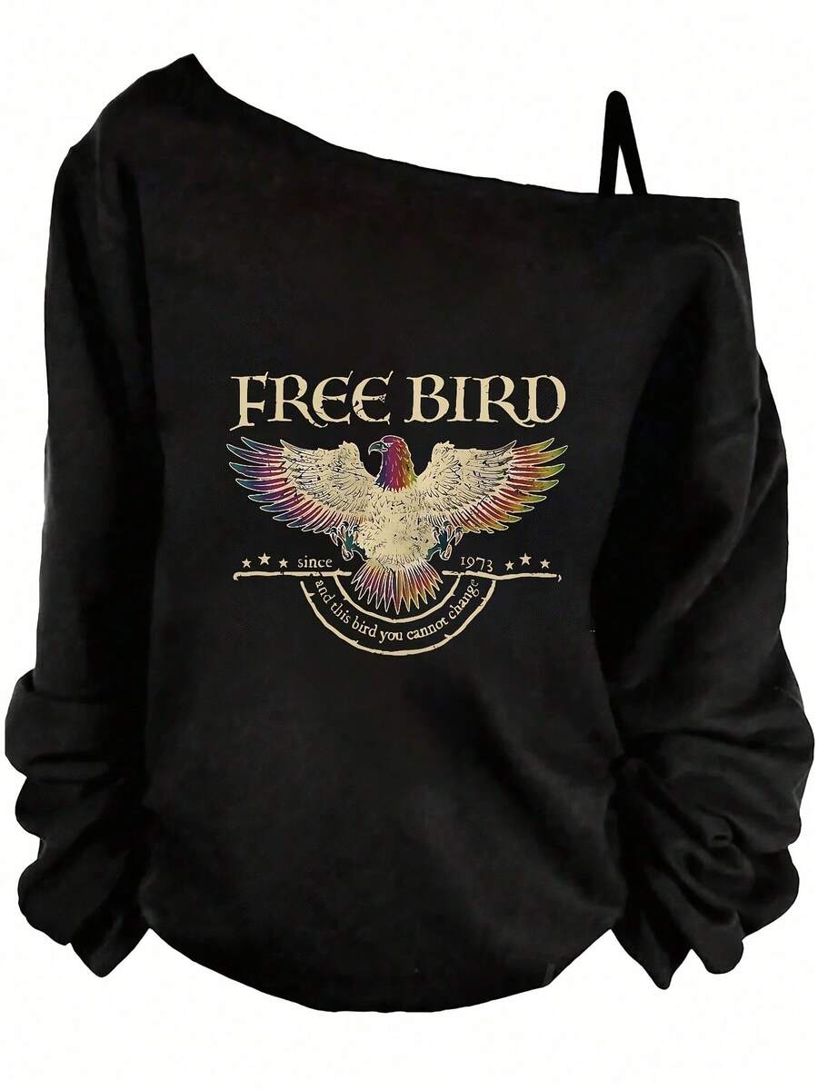 Spring Outfits For Women, Free Bird Graphic Print, Off The Shoulder Sweatshirt With Long Sleeve, Casual Y2K Style, Concert, Weekend-Vacation Outfits Women, Theme Graphic Tees, Festival Wear, Fun Party - 黑色 - 查看 1