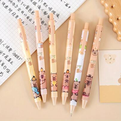 Capybara Cute 6pcs Click Pens - Black Ink, Plastic, No Feathers, Stocking Filler, Notebook Accessories|Playful Design|Plastic Pens,Large-Capacity Multi-Layer Pencil Case,Back To School Supplies Essentials Office Supplies Valentine's Day Gifts