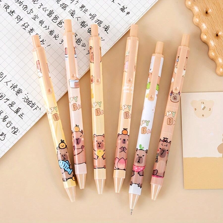 Capybara Cute 6pcs Click Pens - Black Ink, Plastic, No Feathers, Stocking Filler, Notebook Accessories|Playful Design|Plastic Pens,Large-Capacity Multi-Layer Pencil Case,Back To School Supplies Essentials Office Supplies Valentine's Day Gifts - Multicolor - View 1