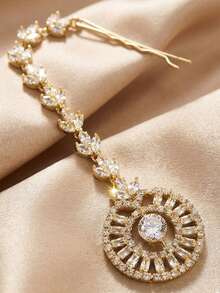 1pc Gold Plated CZ Maang Tikka Headpiece, Sparkling Leaf Vine Head Chain With Circular Sunburst Pendant, Crystal Forehead Head Jewelry For Wedding Bridal Party Festival Accessories - Multicolor - View 4