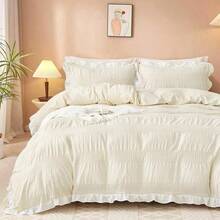 Cream White Seersucker Duvet Cover Set Double Size Ruffled Trim 3pcs Microfiber Bedding Set - Wrinkle-Resistant And Lightweight Design With Hidden Zipper Double 200x200cm - CreamWhite - View 1