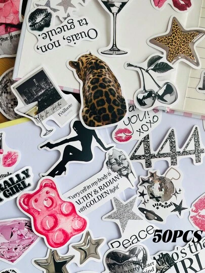 50Pcs Silver Lucky Girl Stickers Waterproof Cartoon Gift Decoration Scrapbook Laptop Luggage Guitar Water Cup Phone Case DIY Decal