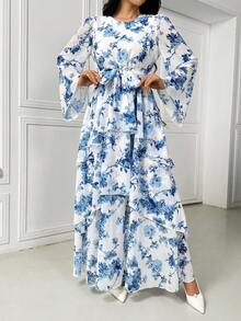 Đầm maxi dài tay cổ tròn in hoa bằng chiffon dành cho nữ, đầm kiểu Ả Rập, đầm Abaya thanh lịch, trang phục nghỉ hè, trang phục nghỉ xuân, trang phục dự đám cưới, đầm dự tiệc cưới, trang phục sinh nhật, đầm dự tiệc thanh lịch, đầm đi biển. - Nhiều màu - Xem 7