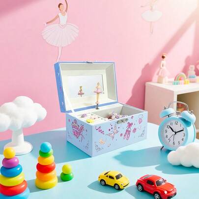 1pc Rectangular Blue Ballet Shoe Music Box, Ballet Dancer Design, Refreshing Blue Dreamy Style With Mirror And Rotating Figurine, Home Decor, Jewelry/Small Item Storage, Suitable For Valentine's Day, Birthday, Wedding, Party Gifts