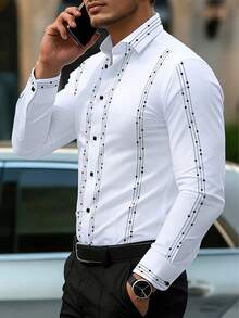 男士休闲商务圆点条纹印花长袖衬衫，春秋季