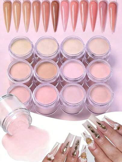 12 Colors Acrylic Powder Set, High Gloss Nude Pink Acrylic Powder Set, Nail Art DIY Design, 12 Colors Acrylic Nail 3D Sculpture French Manicure Extension & Nail Carving, Professional Polymer 3D Acrylic Nail Kit, Gift Set Nails