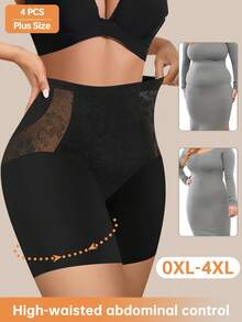 4pcs/Pack Plus Size Women Lace Print Briefs, Tummy Control, Anti-Chafing, Comfortable Fit - Multicolor - View 3