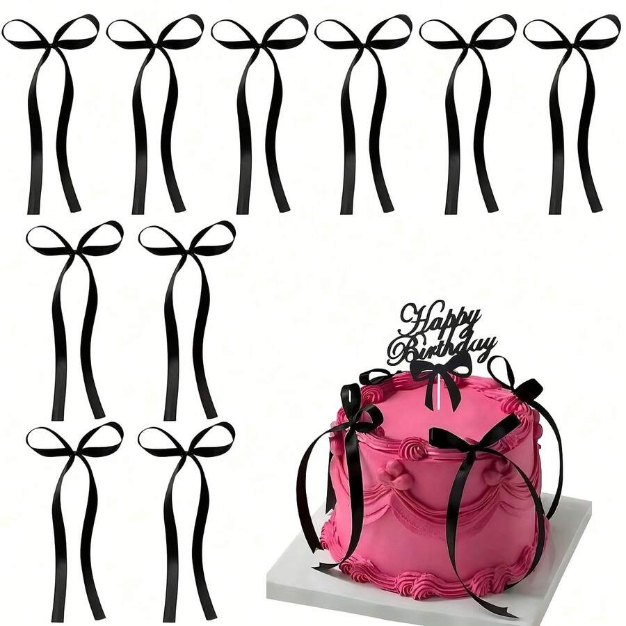10 Pieces Elegant Black Bow Cake Topper Set - Polyester, No Electricity Required, Weddings, Birthdays, Graduations, And Parties - Versatile Home And Event Decoration, Cake Decoration Supplies Halloween,, And Party Supplies EBOP - màu đen - Xem 1