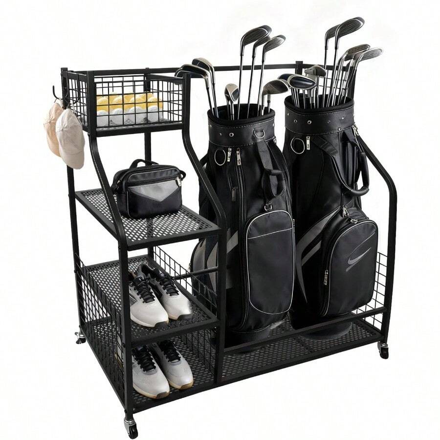 Sports Equipment Organizer, Golf Ball Storage Rack & Golf Bag Holder For Garage, With Storage Basket And Hooks, Indoor Outdoor Toy Ball Organizer For Golf Clubs, Basketball, Toys - Default - View 1