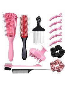 13件套卷发梳套装，包括8齿梳、9排梳、造型边缘梳和硅胶发梳。美发梳理工具套装，包含各种梳子、发圈和发夹。家用美发造型工具套装