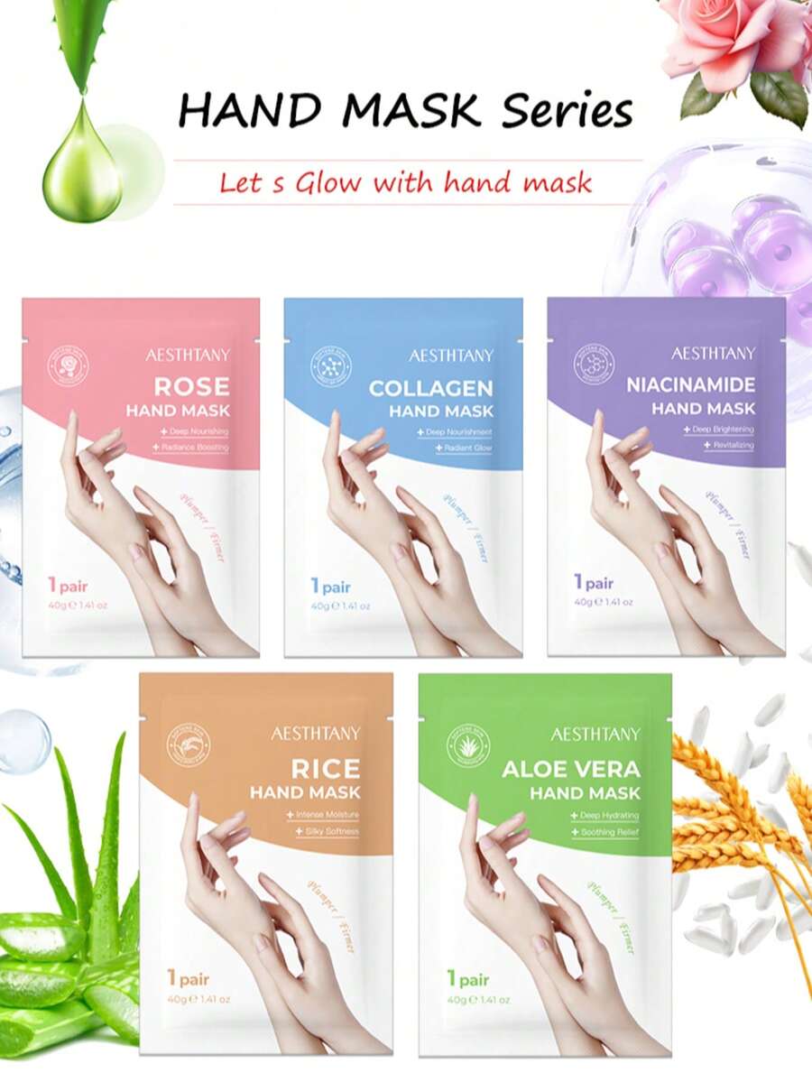 5片装烟酰胺/胶原蛋白/芦荟/大米/玫瑰深层保湿手膜，每对40克，解决手部干燥、皲裂、脱皮问题，淡化关节皱纹，男女皆宜，舒缓护手霜 - 多色-5pcs - 查看 1