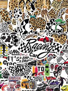 50/100 piezas de pegatinas de vinilo con temática de carreras y estampado de leopardo, adecuadas para scrapbooks, diarios, portátiles, cajas de almacenamiento de equipos, patinetas, botellas de agua, computadoras - Multicolor - Ver 9