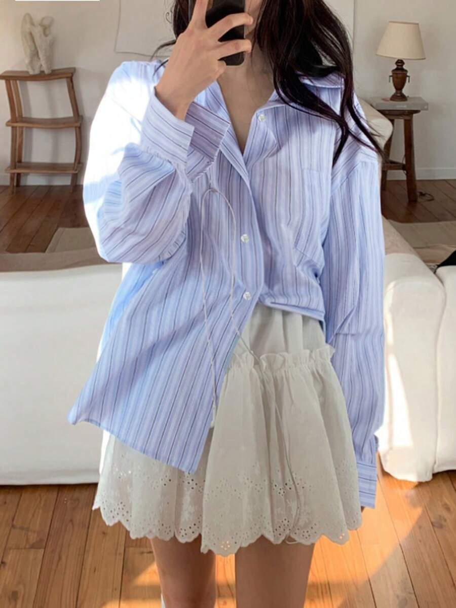 休闲甜美韩式蓝色条纹纽扣衬衫 - 藍色 - 查看 1