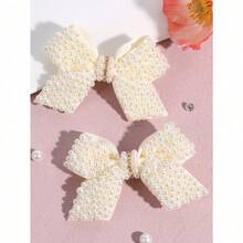 2个奶油色珍珠蝴蝶结发夹 - 鳄鱼夹，适合女孩、青少年和婴儿，日常和派对发饰 - 米色 - 查看 7