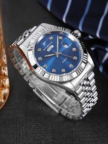 RICECGO 1 件男士商务石英表，奢华时尚男士腕表，带夜光双日历显示，不锈钢表带，适合日常佩戴，是情人节或生日送给男士的理想礼物 - 銀色 - 查看 4